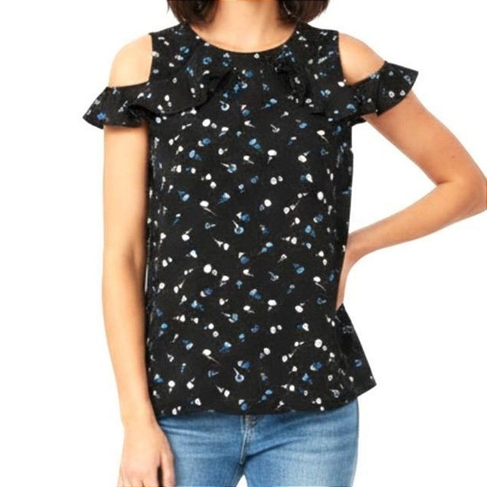 Ivanka Trump Womens Medium Cold Shoulder Floral Blouse Tie Sleeve Black White‎